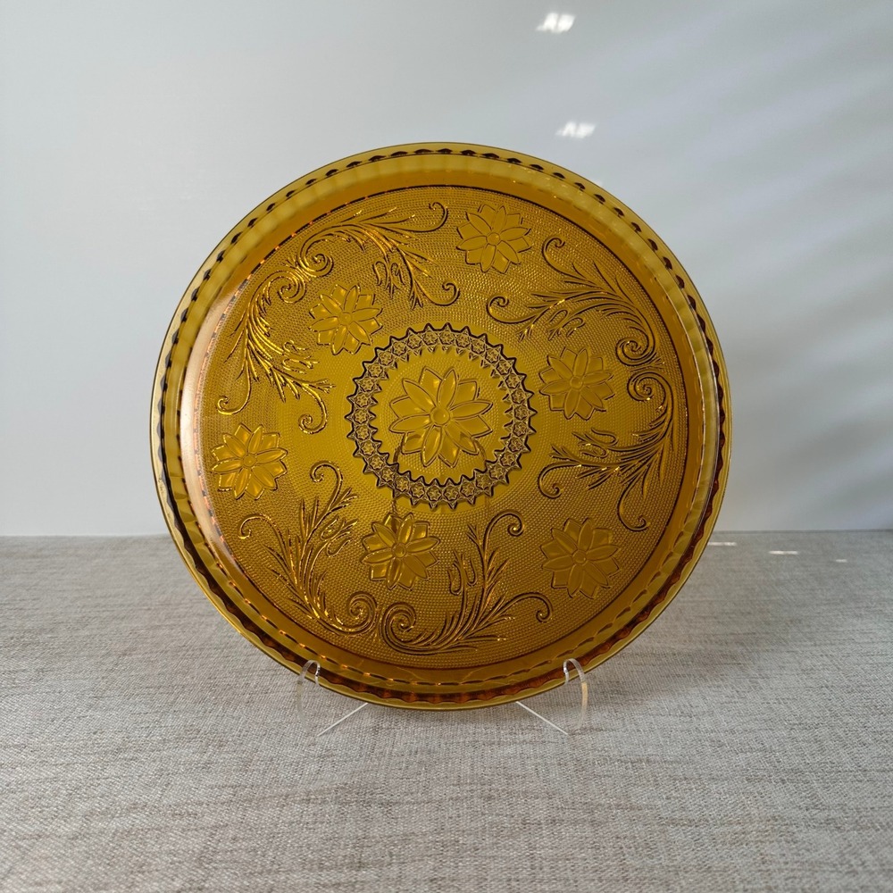 Vintage Tiara Indiana Glass Amber Sandwich 10" Round Serving Tray 1980s